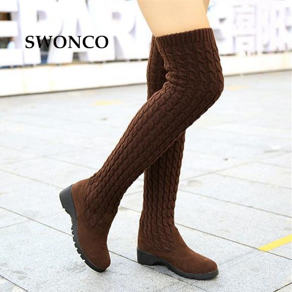 

swonco women's high boots 2018 autumn winter knitting wool ladies shoes thigh high boots for women long boot wedges woman boot, Black