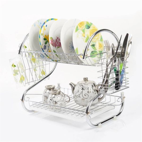 

dish drying rack, 2 tier dish rack with utensil holder, cup holder and dish drainer for kitchen counter top