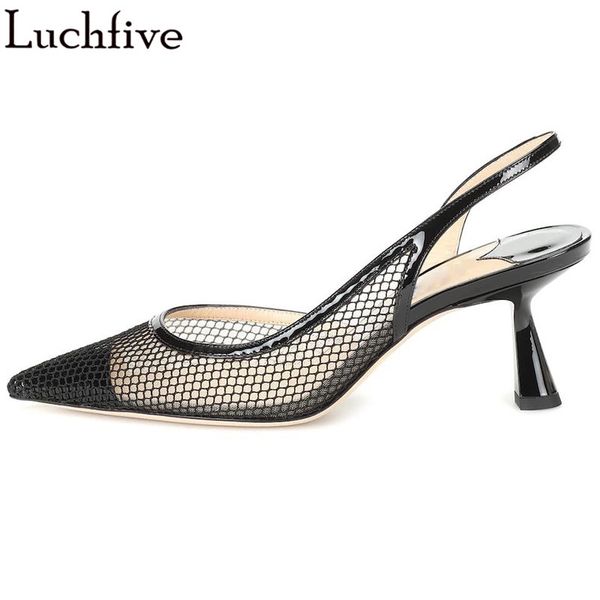 

mesh kitten heels women sandals pointy toe party shoes woman runway black slingbacks slip on summer sandals