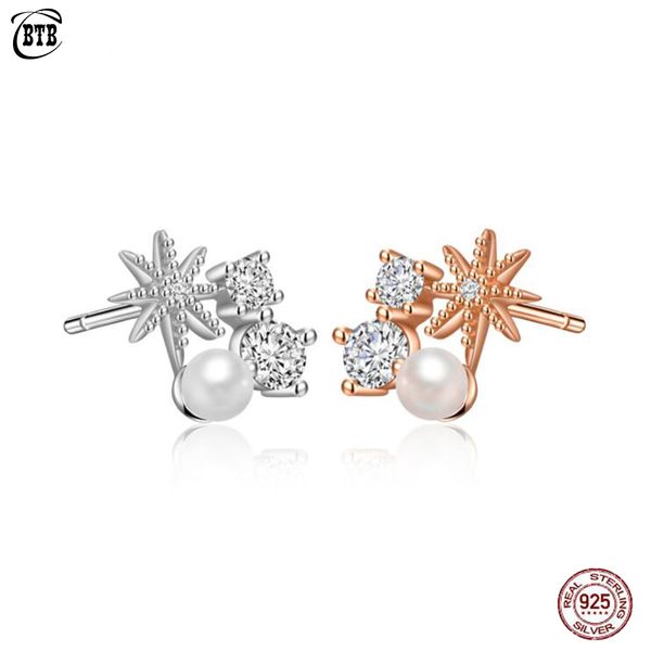 

real 925 sterling silver earrings elegant polaris pearl zircon stud earrings for women fashion jewelry gift, Golden;silver
