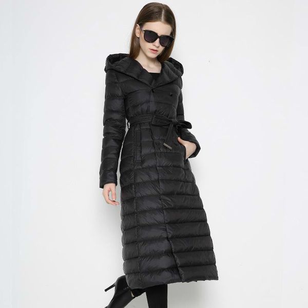 

aiweier] new autumn winter long woman down jackets solid light hooded belt solid women's down coats plus size female parkas, Black