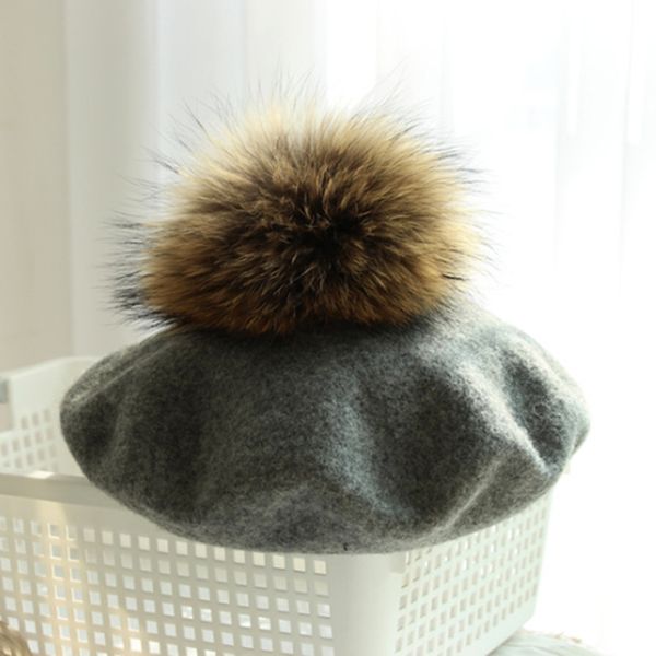 

winter women casual wool berets caps thick warm raccoon fur pom pom knitted cashmere berets hats winter girl's cap, Blue;gray