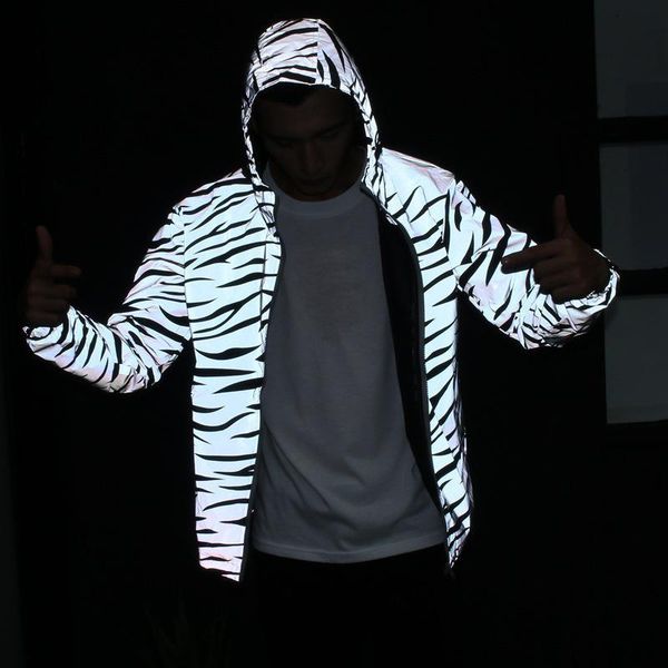 

men women reflective jacket waterproof windbreaker zebra stripes printing double layers jacket hip-hop pocket hooded streetwear, Black;brown