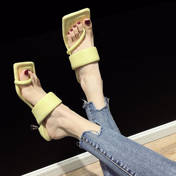 

women's shoes slippers outdoor summer 2020 new fashion square head stiletto heel sandals, Black