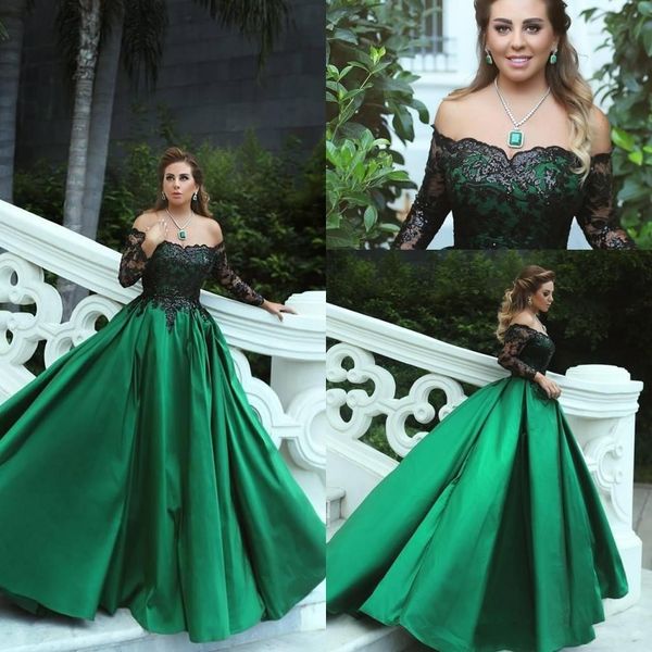 Abiti da sera da ballo a maniche lunghe in pizzo nero verde smeraldo vintage con spalle scoperte Abiti da sera eleganti mediorientali