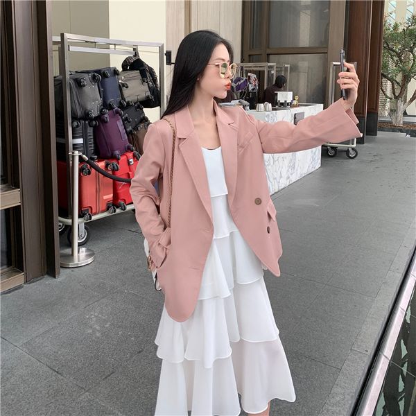 

women's suits & blazers casual korean ladies blazer retro loose solid pink stylish suit jacket long sleeve simple high street clothing, White;black