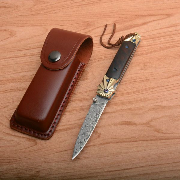 Nova chegada Damasco coletando faca dobrável damasco aço lâmina cobre   alça de ébano facas de bolso com bainha de couro
