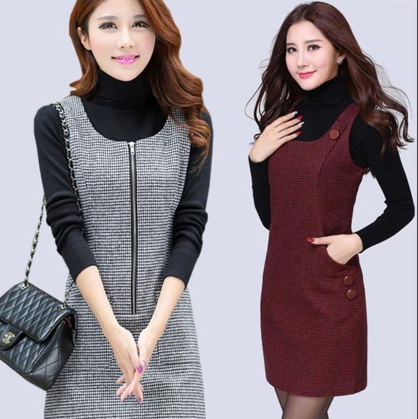 

2020 s-5xl autumn winter woolen women's dress plus size vest dresses slim basic office dress female vestidos vest strsight f507, Black;gray