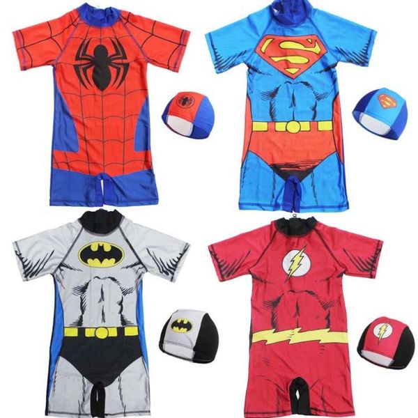 

2 11 year baby boy one piece wim uit with cap piderman captain america hulk iron man uper hero children boy bathing uit kid wimwear