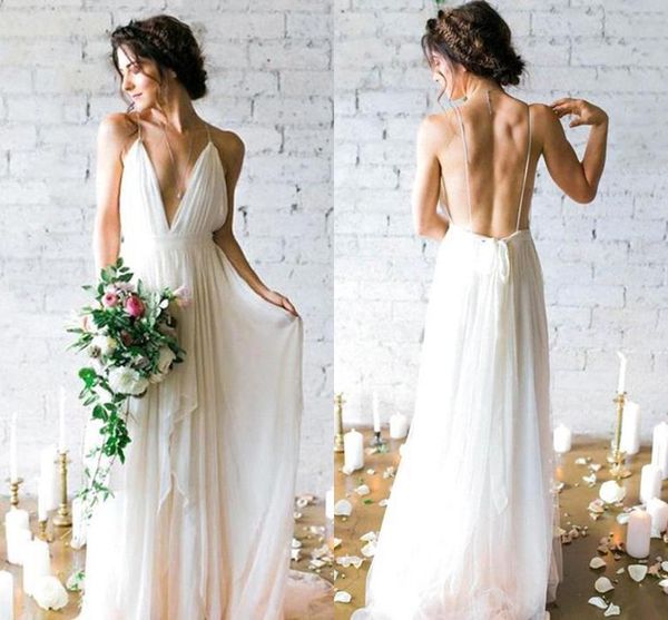 

spaghetti chiffon country bohemian wedding dress 2019 vintage open back plus size beach boho bridal gown bm1506, White