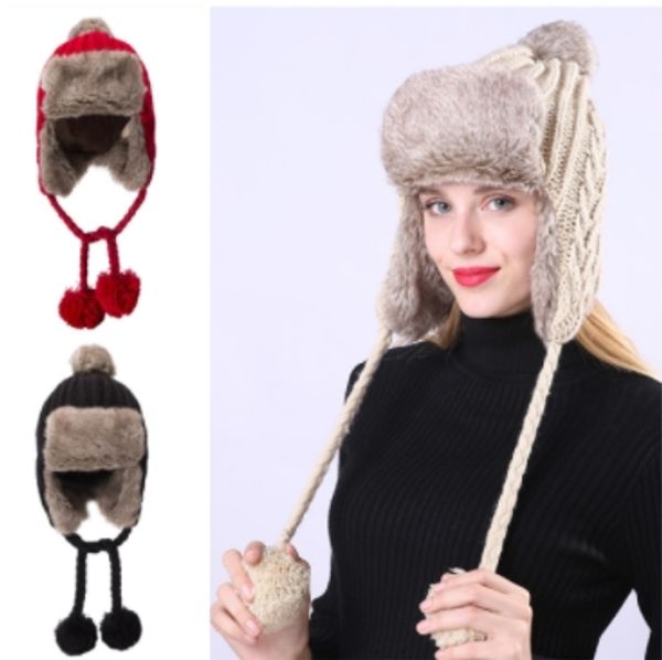 

women wool knitting plus velvet thickened cross warm earmuffs hat new fashion winter outdoor cycling windproof lei feng cap, Blue;gray