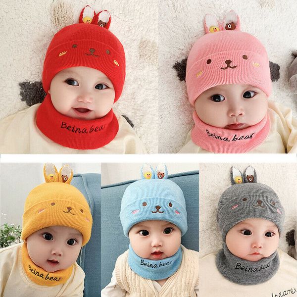 

toddler kids girl&boy baby hats scarf infant winter hat cute ear cartoon print knit warm beanie cap with scarf, Yellow