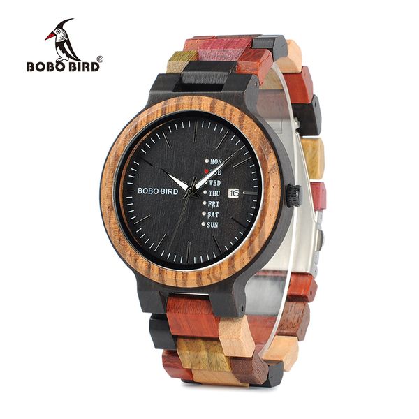 

bobo bird p14 antique mens wood watches date and week display business watch with unique mixed color wooden band, Slivery;brown