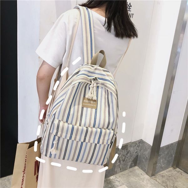 

2019 new style backpack stripes canvas high school schoolbag women's korean-style harajuku ulzzang