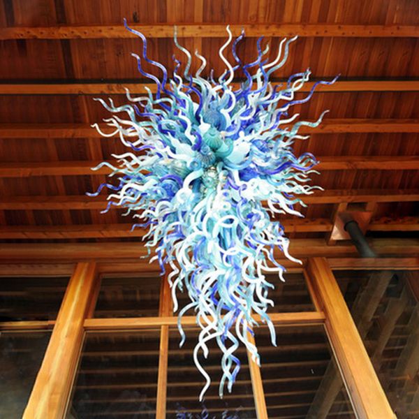 Candelabro de cristal azul Villa High Pingente Lâmpadas de pingente mais recente Design de vidro lustre-luzes de vidro soprado 36 por 52 polegadas sala de estar luz decoração