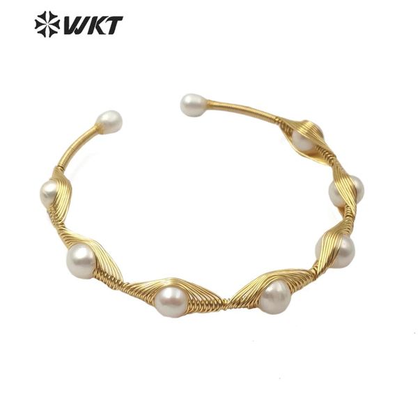 

wt-b502 natural freshwater pearl bracelet wire wrapped pearl bangle cuff bracelet gold electroplated fashion woman, Black