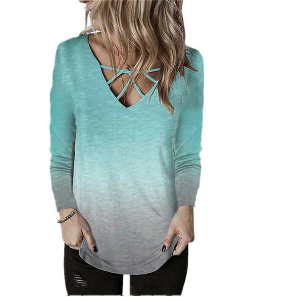 

gradient color t-shirt women long sleeve v-neck loose slim fit tee shirt casual basic bottoming plus size t-shirts, White