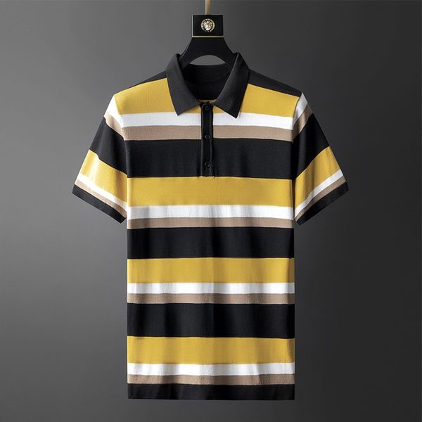 

muls brand men shirt male summer striped knitted sweater pullover male trun-down collar breathable yellow red, White;black