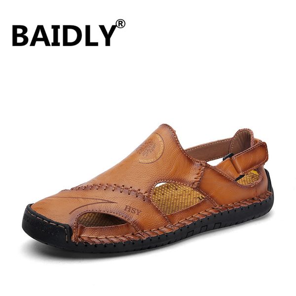 

fashion casual men beach sandals handmade genuine leather summer sandals retro sewing classics men footwear zapatos hombre, Black