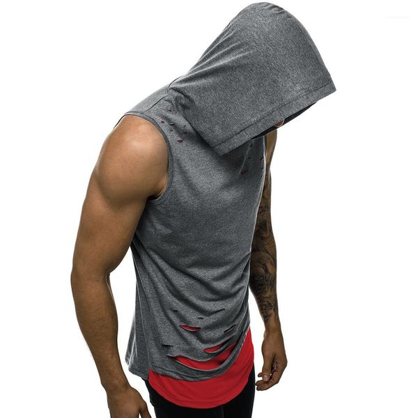 

hoodies hooded solid hole sleeveless casual male sweatshirts active fashion homme clothing summer mens patchwork, Black