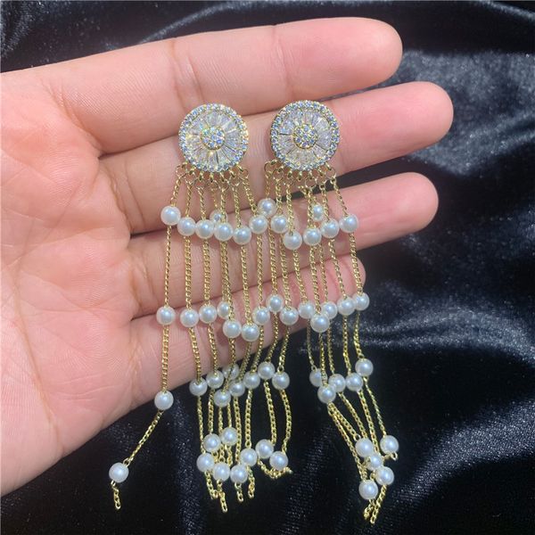 

fashion-wedding jewelry 18k gold plated wedding earrings for women 2019 new fashion long round pearls tassel dangle chadnelier, Silver