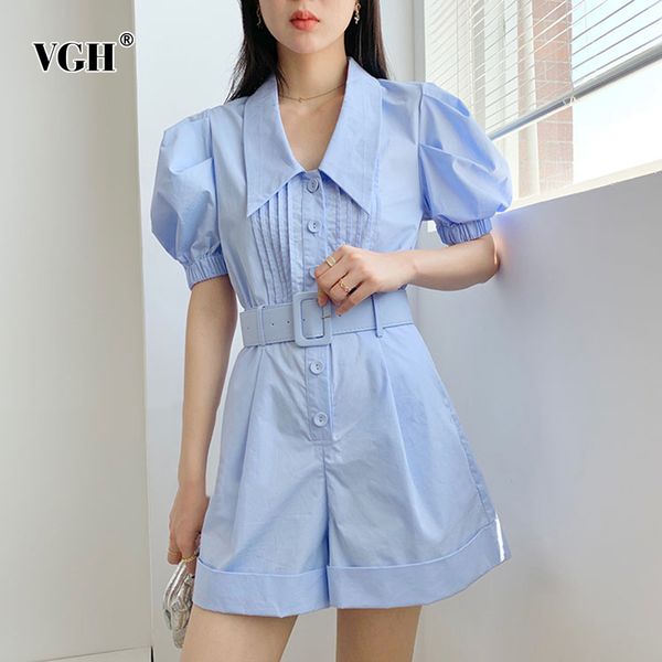 

women's jumpsuits & rompers vgh elegant loose short women lapel collar puff half sleeve high waist with sashes playsuits for female clo, Black;white