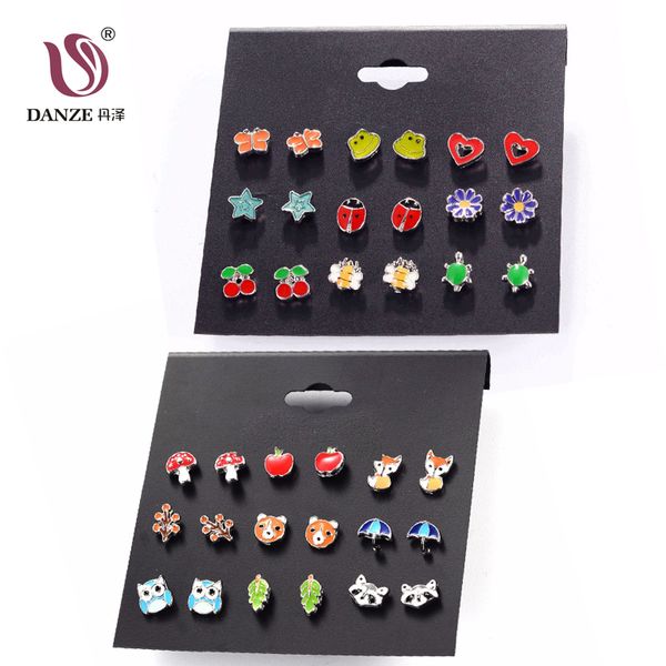 

danze 9 pairs cute kids baby stud earrings sets women small heart frog bear owl ear studs children brincos jewelry, Golden;silver