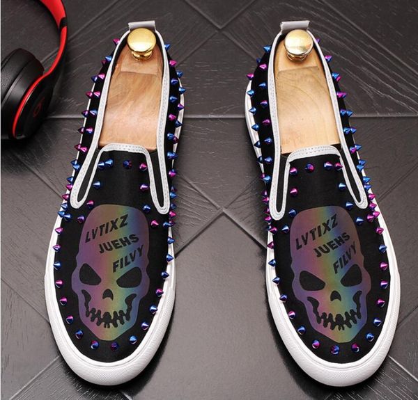 

fashion skull dazzle colour rivet punk rock shoes for men flats male designer prom dress loafers shoes zapatos hombre, Black
