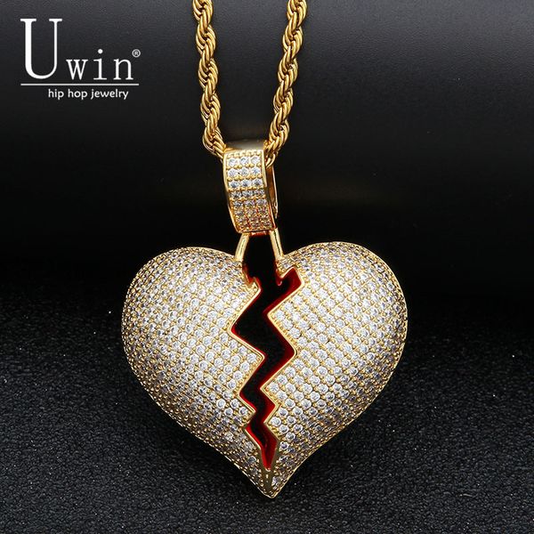 

uwin red broke heart necklace & pendant with 4mm tennis chain gold silver color cubic zircon men's women hip hop jewelry forgift