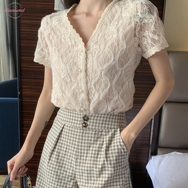

summer fashion women blouse elegant lace short sleeve blouse v neck summer women casual blouse 2020, White