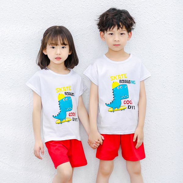 

summer children's pajamas baby boy clothes cotton pyjamas kids t-shirt+shorts 2pcs cartoon pajamas for girls boys sleepwear sets, Blue;red