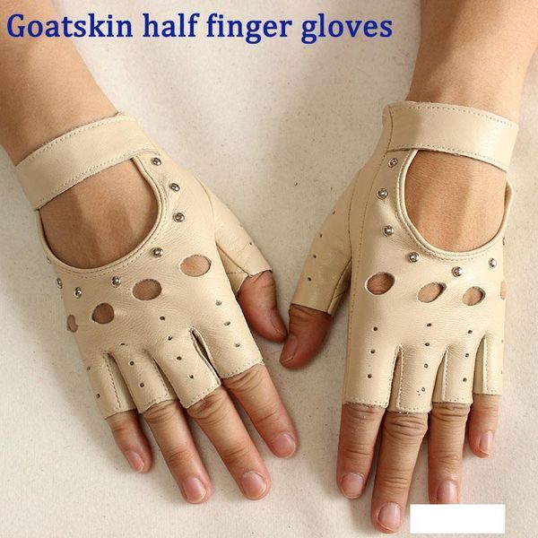 

half finger leather gloves women spring and summer thin goatskin gloves new hollow short sports riding driver, Blue;gray