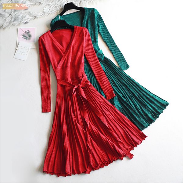 

women autumn elegant shiny pleated sweater dress spring long sleeve v-neck female belt glitter a-line knit dresses, Black;gray