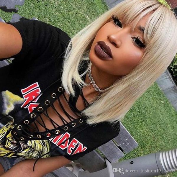 

613 lace front human hair wigs with bangs straight colorful bob cut wig short 150% honey blonde wigs full remy hair, Black