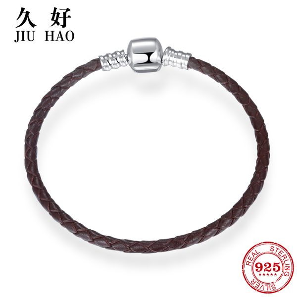 

100% genuine brown leather rope bracelets 925 sterling silver women weave snake charms chain jewelry fashion, Golden;silver