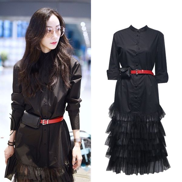 

brand designer women panelled shirt dresses 2019 summer fashion false 2piece stand collar long sleeve layered gauze black skirts