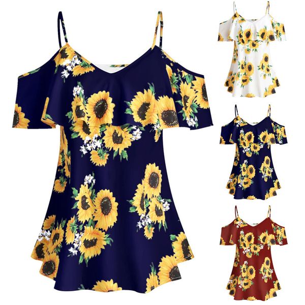 

summer fashion t-shirt women sunflower printed t shirt camis ruffles short sleeve tshirt cold shouder plus size, White