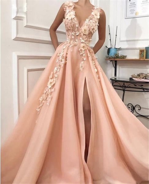 

deep v neck peach sheer prom dresses 2019 hand made 3d flowers side split tulle evening dresses gowns pink women dresses, Black