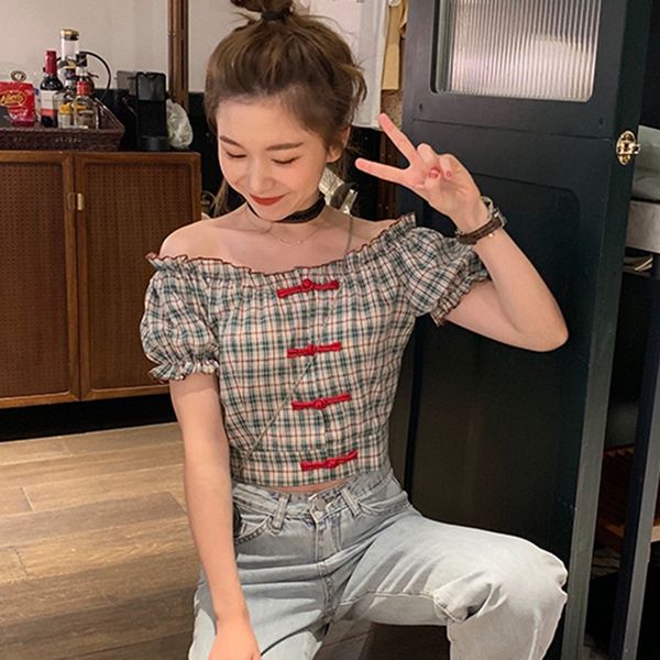 

women retro short blouse plaid print slash neck short-sleeved shirt ruffled lantern sleeves slim top, White