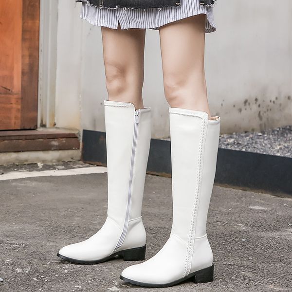 

2019 autumn women winter boots mid calf hih chunky heels sewin kniht ridin lon boots white black ladies shoes botas