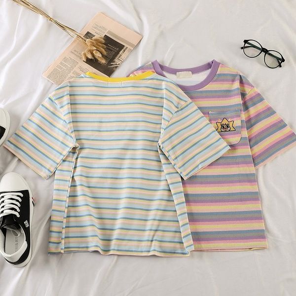 

радуга stripes тенниска женщин большой размер сыпучие с коротким рукавом гонконг стиль 2019 новый стиль студенты вышитые супер пожарной cec, White