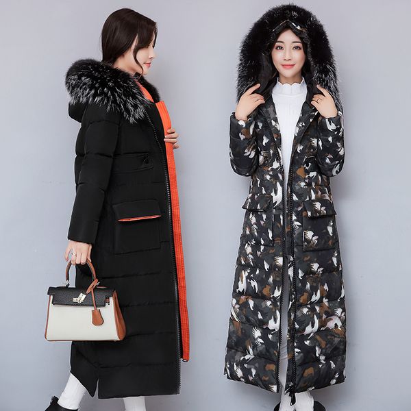 

wholesale fashion winter coat women long section knee camouflage new down cotton padded slim fur collar coat size m-xxxl, Black