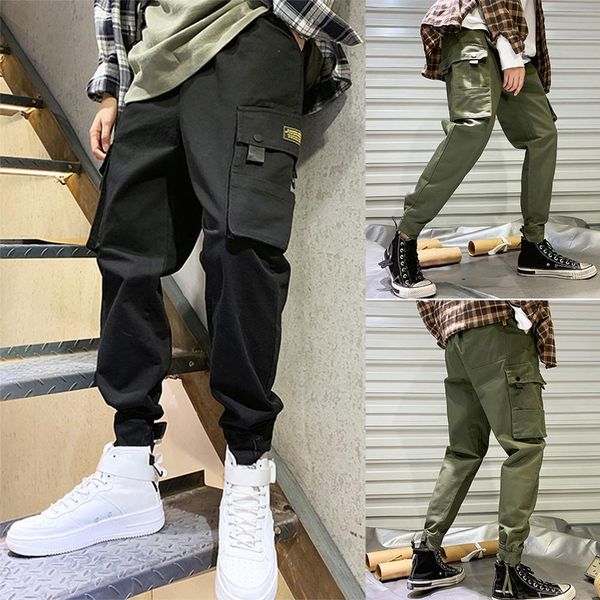

glorystar men hip-hop cargo pants multi-pockets solid color pencil pants casual loose trousers, Black