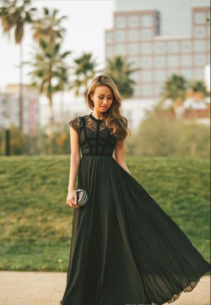 Abiti da sera 2017 Eleganti maniche corte in pizzo trasparente nero a-line in chiffon da donna modesti abiti lunghi da ballo abito da festa formale