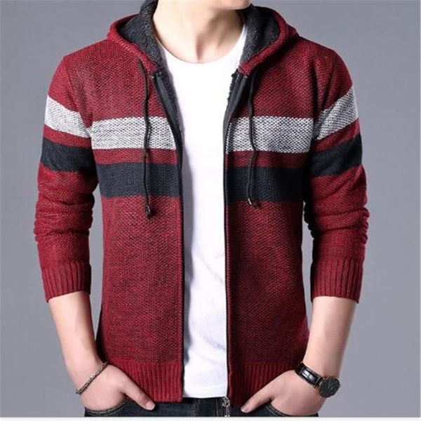 

men's jackets spring autumn cardigan zipper with hood thickening plus velvet sweater korean coat hooded jacket, Black;brown