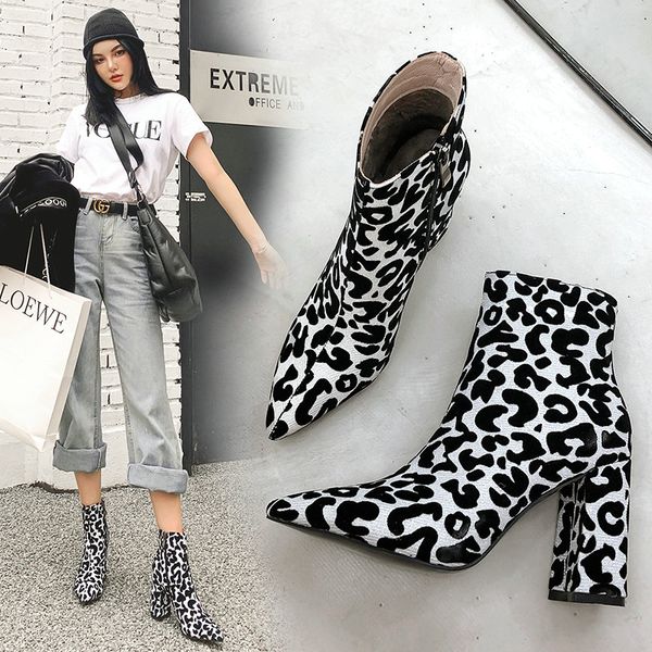

fashion leopard ankle boots women faux leather square high heels boots pointed toe zipper autumn winter woman shoes white, Black