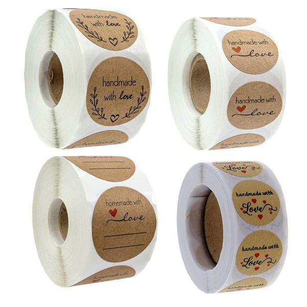 

500pcs/roll handmade with love stickers kraft paper seal label 1