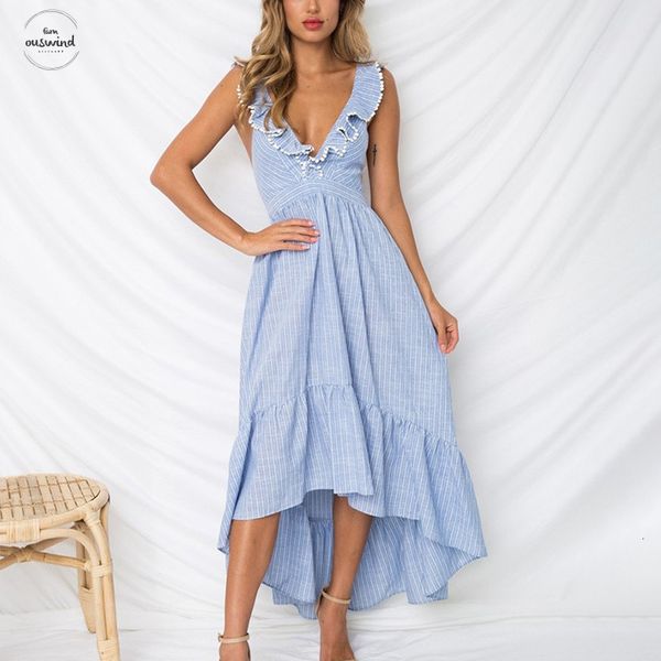 

sleeveless ruffles summer dress deep v neck backless dresses blue 2019 striped casual long dress vestidos, Black;gray