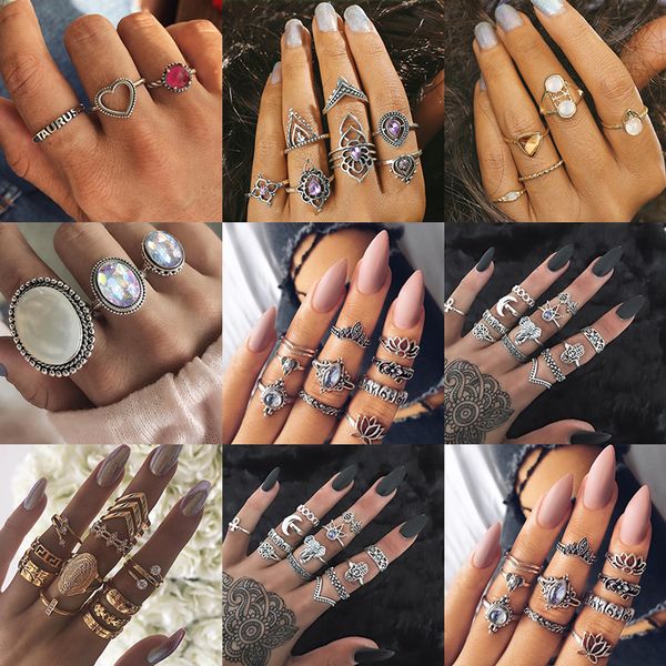 

yofashion vintage ring boho variety ladies ring multi- combination set national wind girl gift, Golden;silver