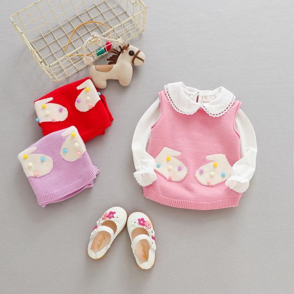 

girl sweaters autumn winter korean baby girl knitting waistcoat toddler cute pompoms sleeveless vest baby outwear pullovers coat, Blue